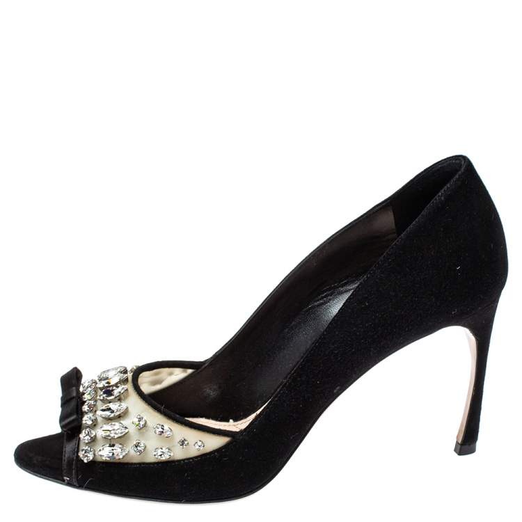 مملوكة مسبقًا Miu Miu Black Crystal Embellished PVC and Suede Peep Toe Pumps Size 38.5
