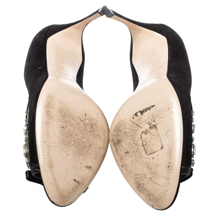 مملوكة مسبقًا Miu Miu Black Crystal Embellished PVC and Suede Peep Toe Pumps Size 38.5