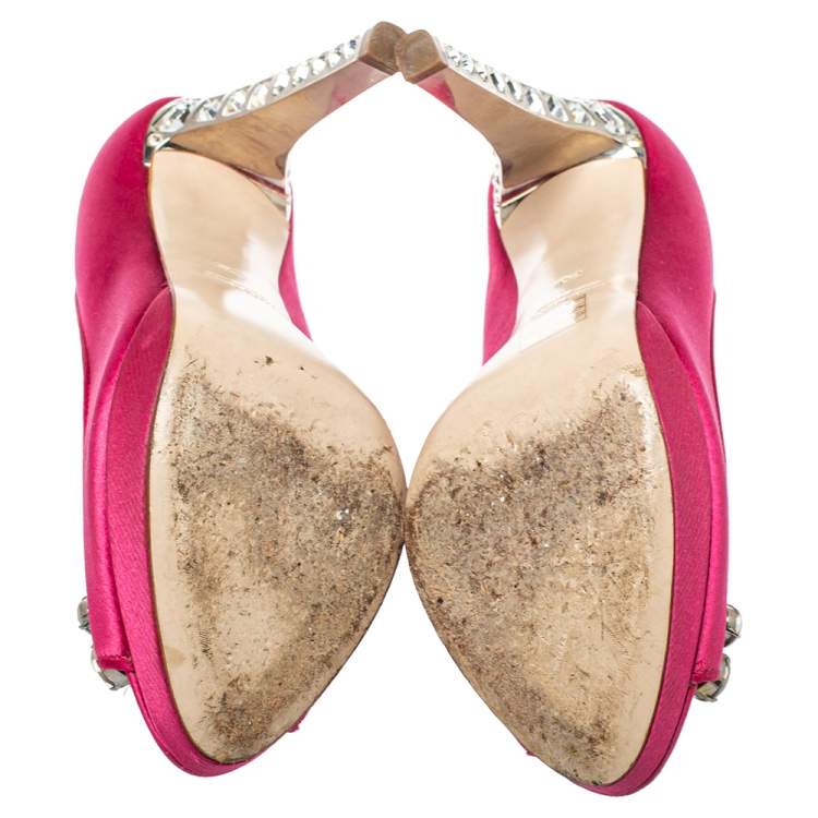 مملوكة مسبقًا Miu Miu Pink Satin Crystal Embellished Heel Peep Toe Platform Pumps Size 38