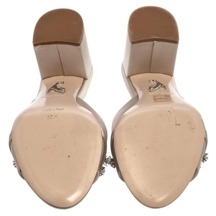 Pre Owned Miu Miu Grey Satin Crystal Embellished Slide Mule Sandals Size 37.5