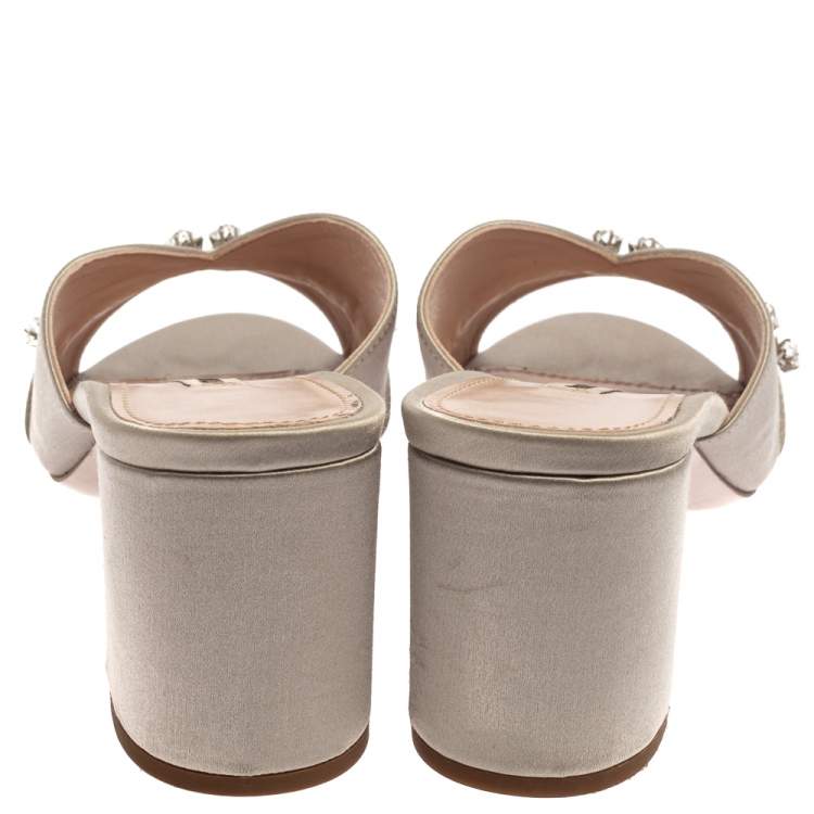 Pre Owned Miu Miu Grey Satin Crystal Embellished Slide Mule Sandals Size 37.5
