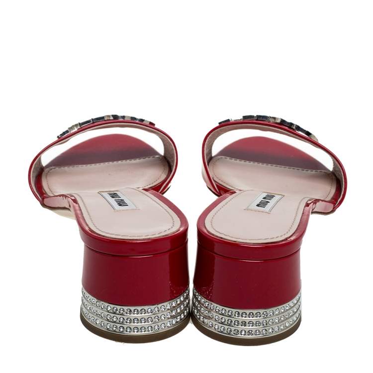 Pre Owned Miu Miu Red Patent Leather Embellished Slide Sandals Size 39