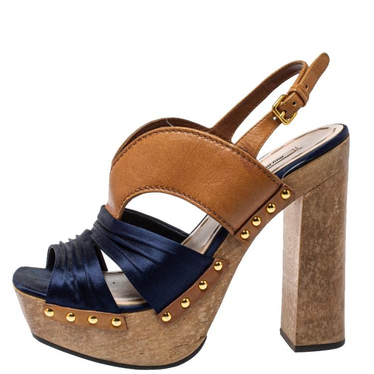 Pre Owned Miu Miu Blue Satin And Leather Studded Platform Sandals Size 39