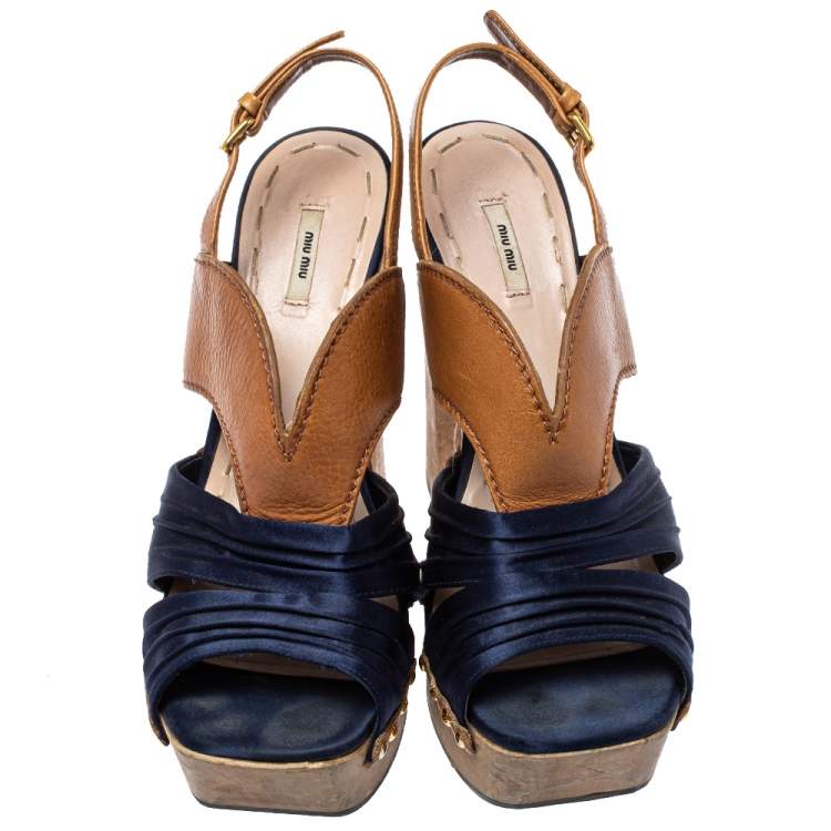 Pre Owned Miu Miu Blue Satin And Leather Studded Platform Sandals Size 39
