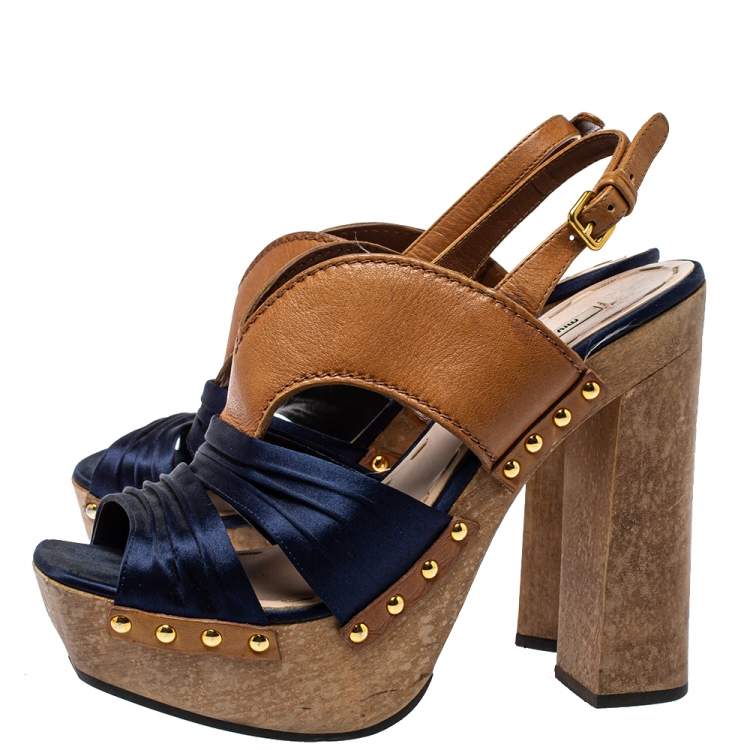 Pre Owned Miu Miu Blue Satin And Leather Studded Platform Sandals Size 39
