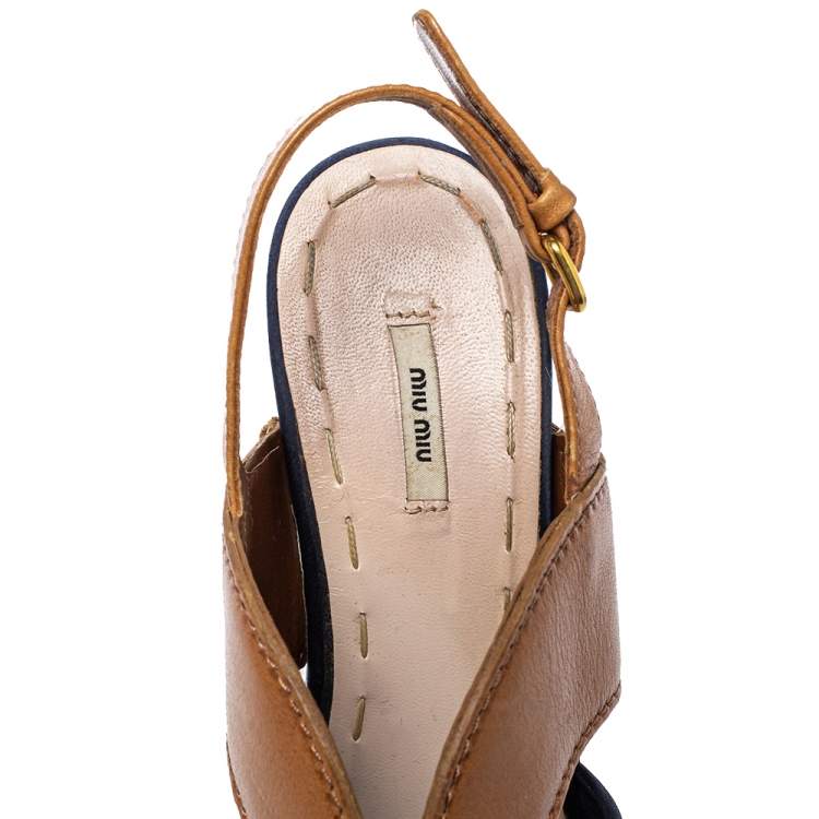 Pre Owned Miu Miu Blue Satin And Leather Studded Platform Sandals Size 39