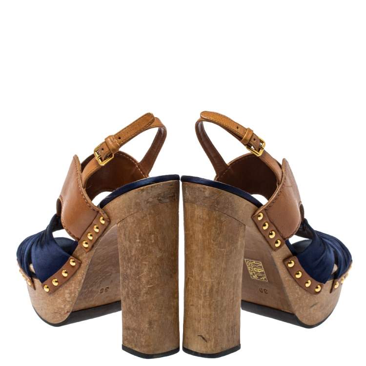 Pre Owned Miu Miu Blue Satin And Leather Studded Platform Sandals Size 39