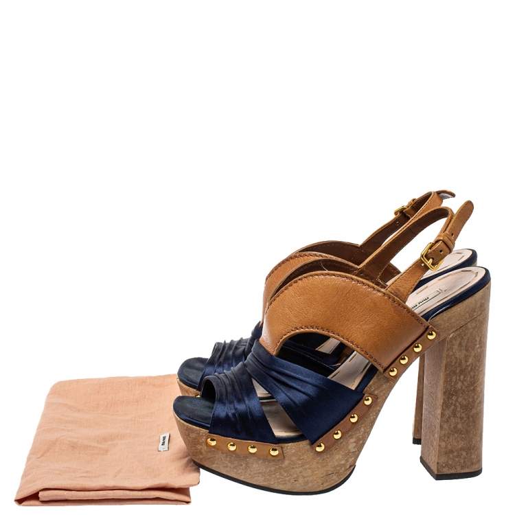 Pre Owned Miu Miu Blue Satin And Leather Studded Platform Sandals Size 39