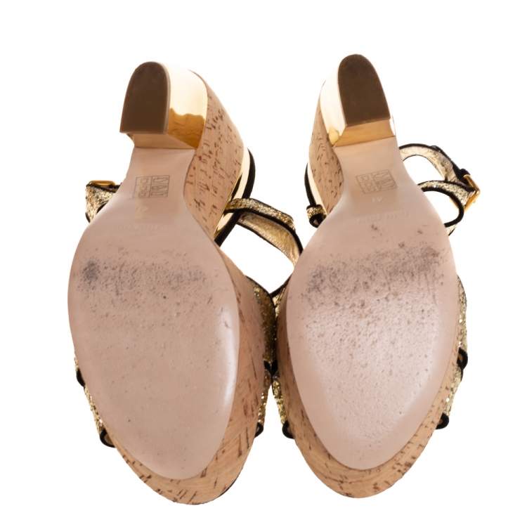 Pre Owned Miu Miu Gold/Black Glitter And Suede  T-Strap  Sandals Size 41