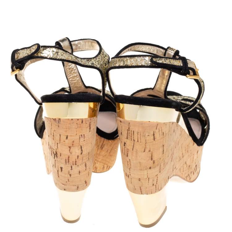 Pre Owned Miu Miu Gold/Black Glitter And Suede  T-Strap  Sandals Size 41