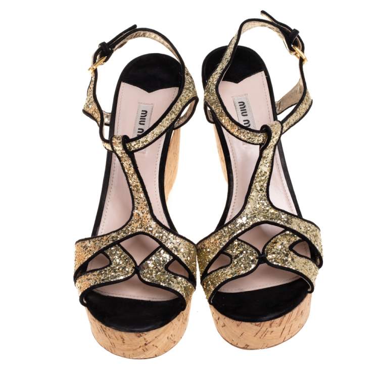 Pre Owned Miu Miu Gold/Black Glitter And Suede  T-Strap  Sandals Size 41