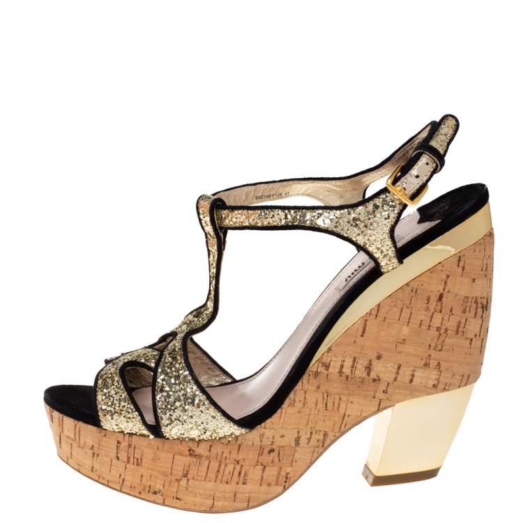 Pre Owned Miu Miu Gold/Black Glitter And Suede  T-Strap  Sandals Size 41