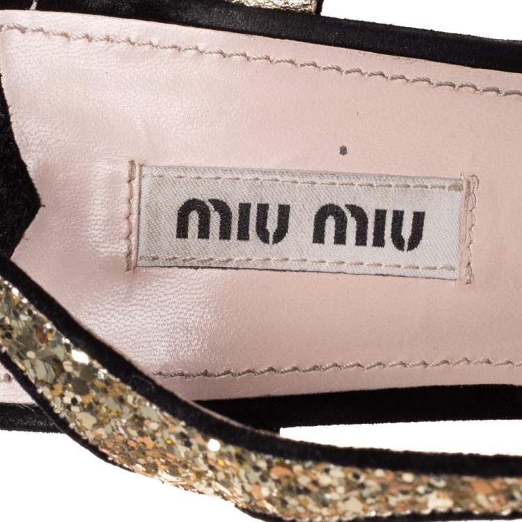 Pre Owned Miu Miu Gold/Black Glitter And Suede  T-Strap  Sandals Size 41