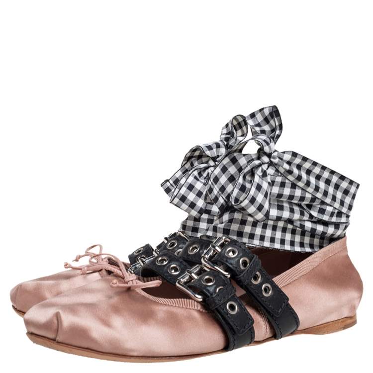 Pre Owned Miu Miu Beige Satin Buckle Detail Ankle Wrap Ballet Flats Size 38.5