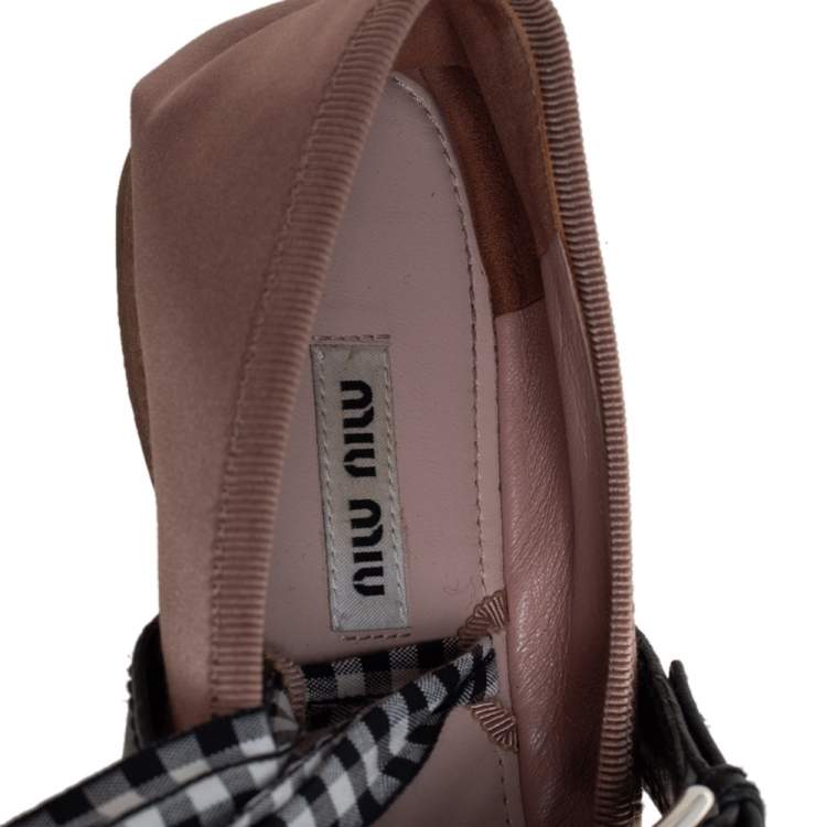 Pre Owned Miu Miu Beige Satin Buckle Detail Ankle Wrap Ballet Flats Size 38.5