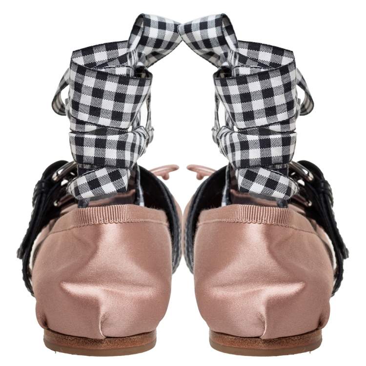 Pre Owned Miu Miu Beige Satin Buckle Detail Ankle Wrap Ballet Flats Size 38.5