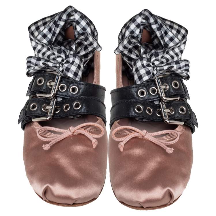 Pre Owned Miu Miu Beige Satin Buckle Detail Ankle Wrap Ballet Flats Size 38.5