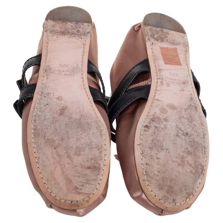 Pre Owned Miu Miu Beige Satin Buckle Detail Ankle Wrap Ballet Flats Size 38.5