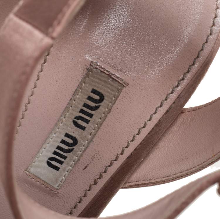 Pre Owned Miu Miu Nude Satin Embellished Block Heel Peep Toe Platform Ankle Strap Sandals Size 38.5