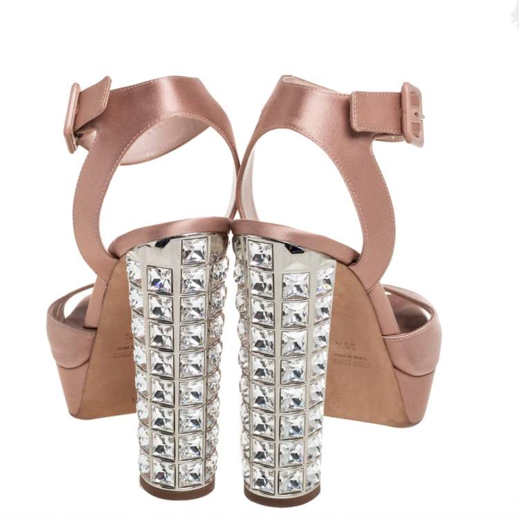 Pre Owned Miu Miu Nude Satin Embellished Block Heel Peep Toe Platform Ankle Strap Sandals Size 38.5