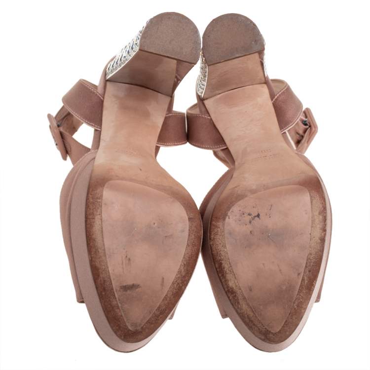Pre Owned Miu Miu Nude Satin Embellished Block Heel Peep Toe Platform Ankle Strap Sandals Size 38.5