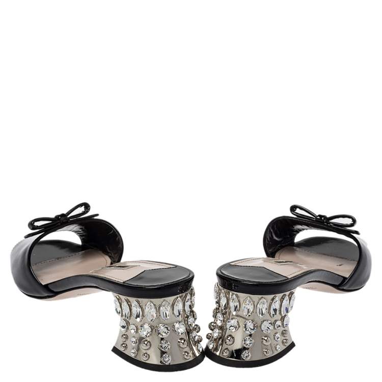 Pre Owned Miu Miu Black Patent Leather Bow Crystal Embellished Open Toe Sandals Size 36