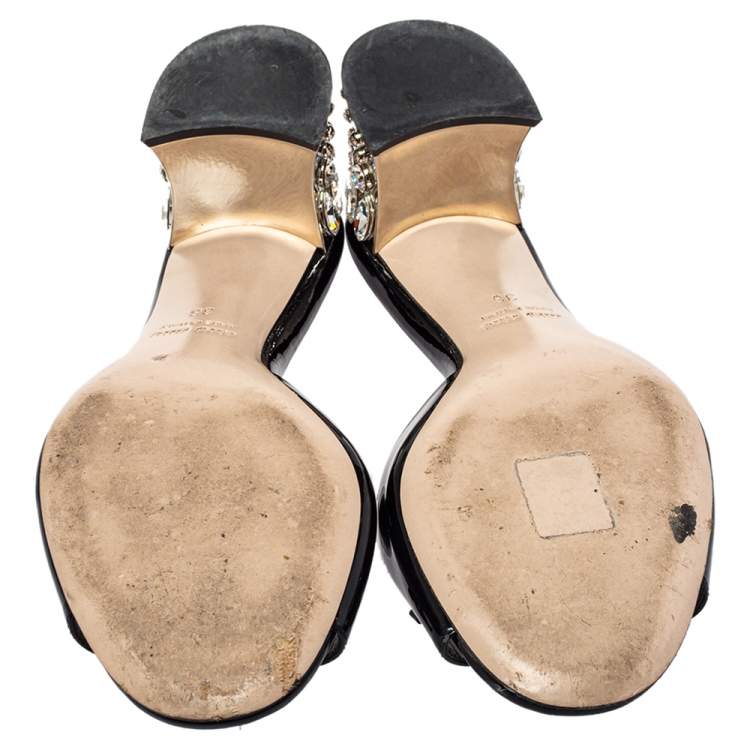 Pre Owned Miu Miu Black Patent Leather Bow Crystal Embellished Open Toe Sandals Size 36