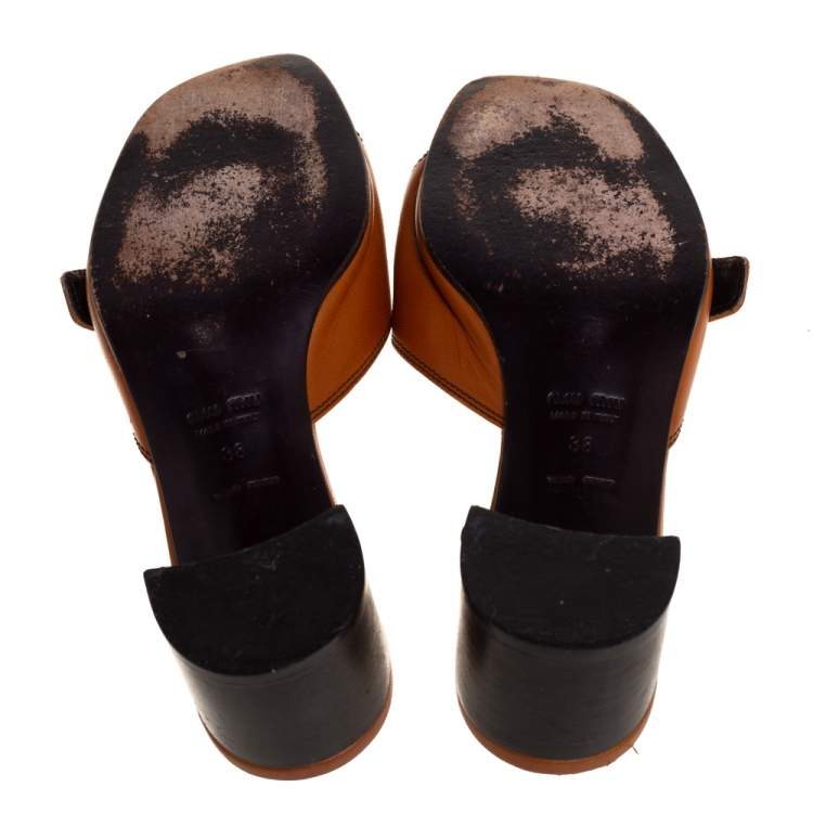Pre Owned Miu Miu Brown Leather Buckle Embellished Slide Sandals Size 38