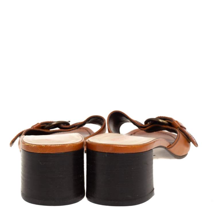 Pre Owned Miu Miu Brown Leather Buckle Embellished Slide Sandals Size 38