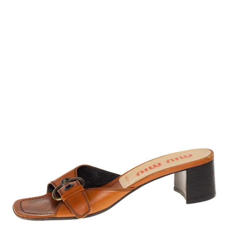 Pre Owned Miu Miu Brown Leather Buckle Embellished Slide Sandals Size 38