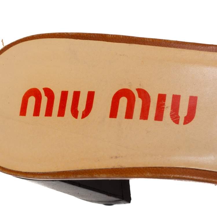 Pre Owned Miu Miu Brown Leather Buckle Embellished Slide Sandals Size 38