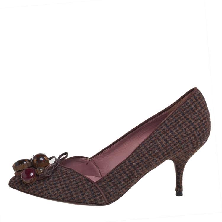 Pre Owned Miu Miu Vintage Brown Wool Houndstooth Enamel Embellished Work Pumps Size 36