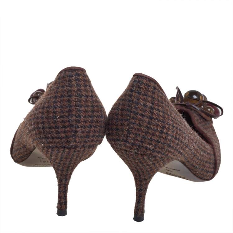 Pre Owned Miu Miu Vintage Brown Wool Houndstooth Enamel Embellished Work Pumps Size 36