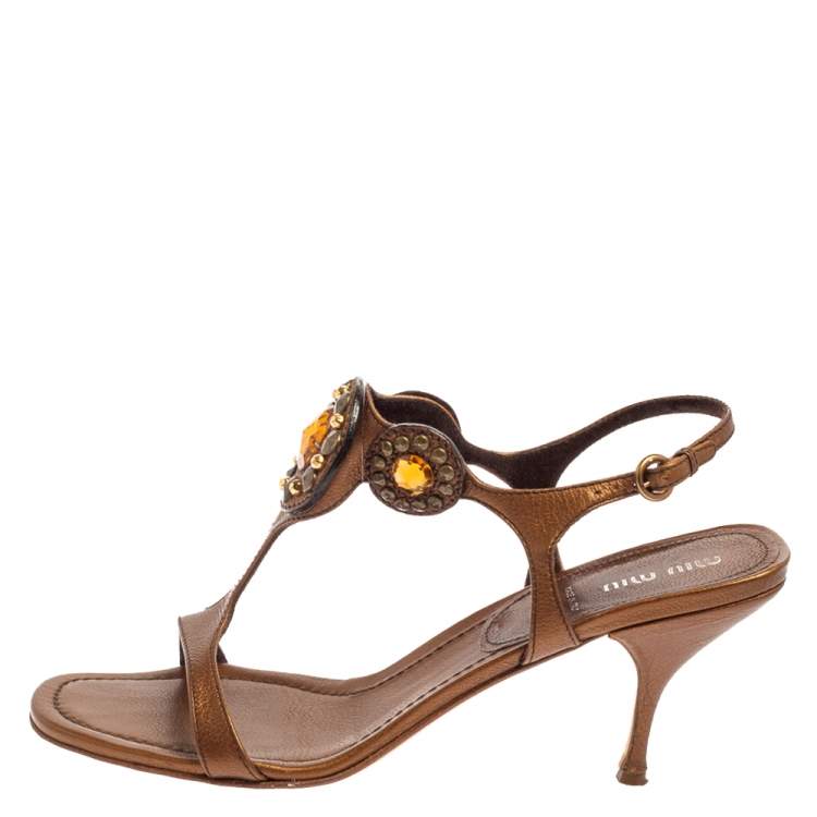 Pre Owned Miu Miu Brown Leather Embellished Sandals Size 40