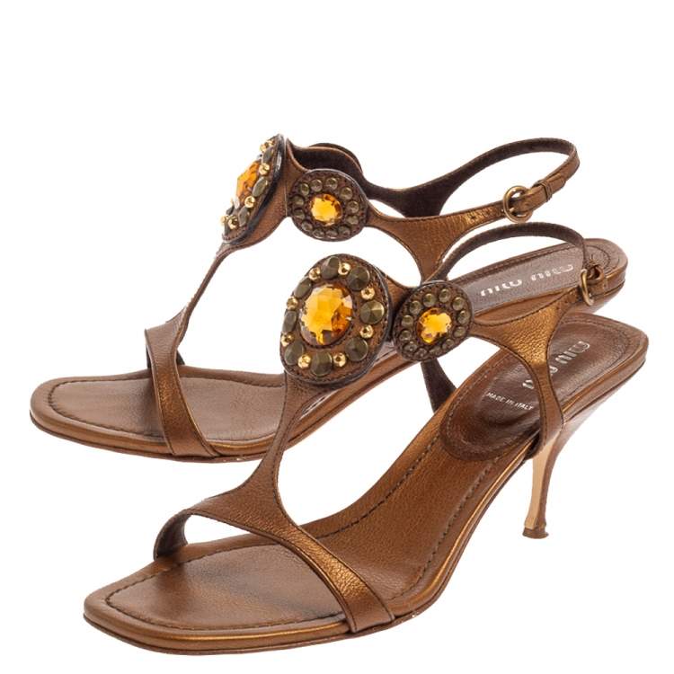 Pre Owned Miu Miu Brown Leather Embellished Sandals Size 40