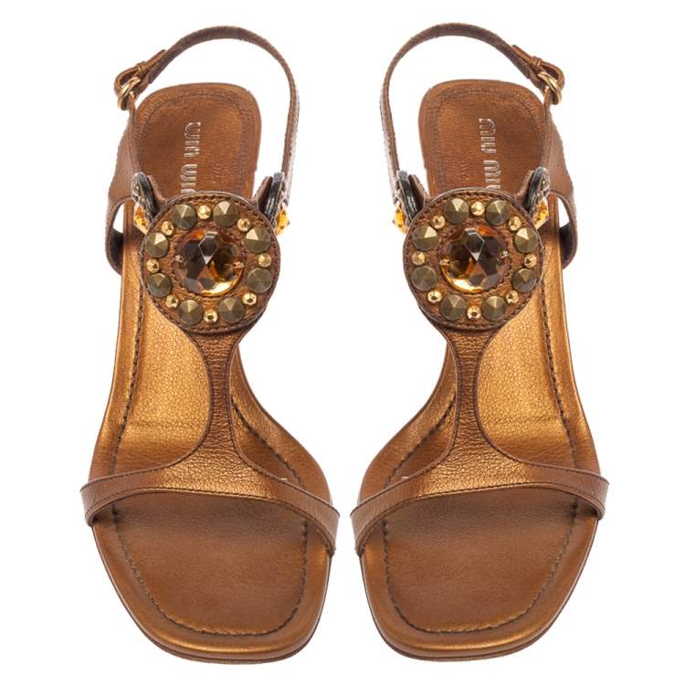 Pre Owned Miu Miu Brown Leather Embellished Sandals Size 40