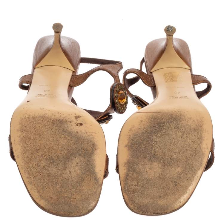 Pre Owned Miu Miu Brown Leather Embellished Sandals Size 40