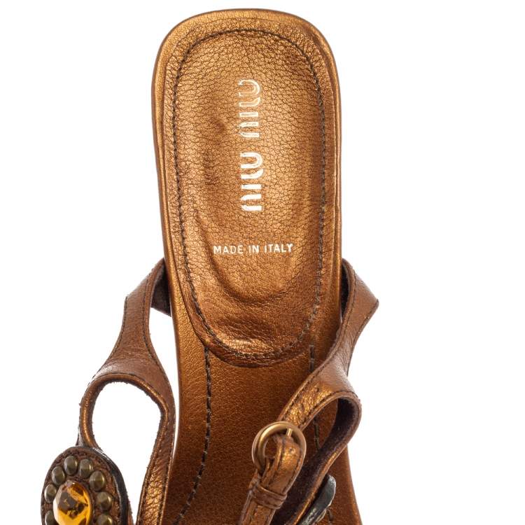 Pre Owned Miu Miu Brown Leather Embellished Sandals Size 40