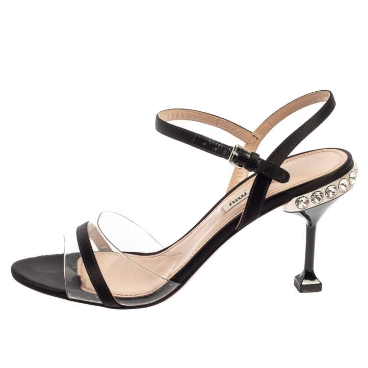 Pre Owned Miu Miu Black Satin And PVC Embellished Heel Ankle Strap Sandals Size 38.5