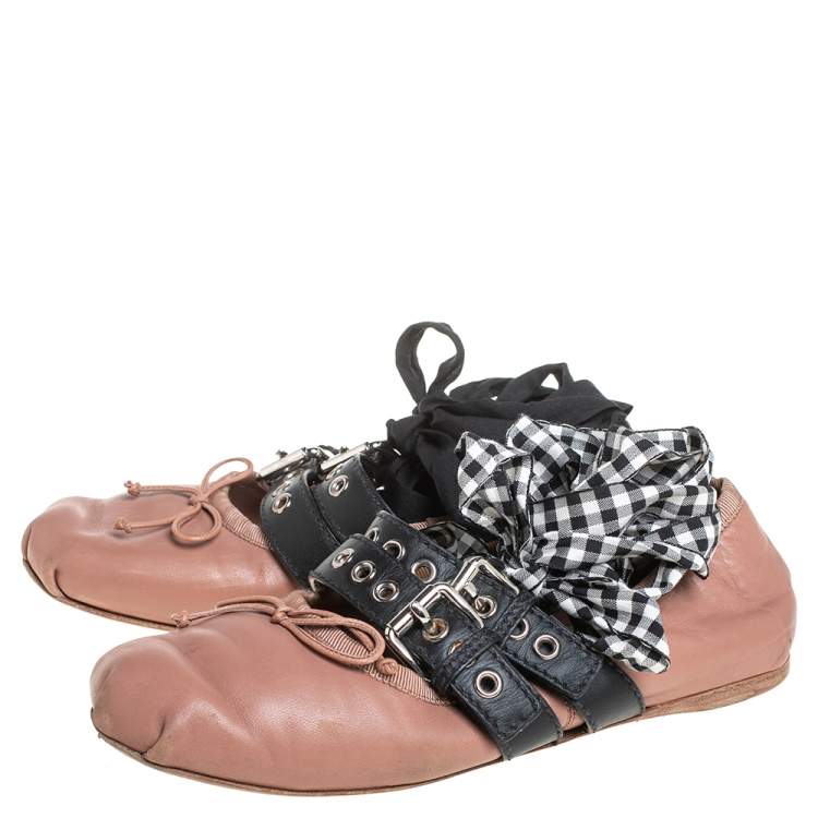 Pre Owned Miu Miu Beige Leather Belted Ankle Wrap Ballerina Flats Size 37.5
