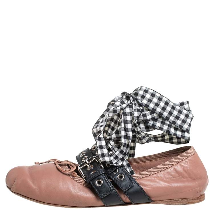 Pre Owned Miu Miu Beige Leather Belted Ankle Wrap Ballerina Flats Size 37.5