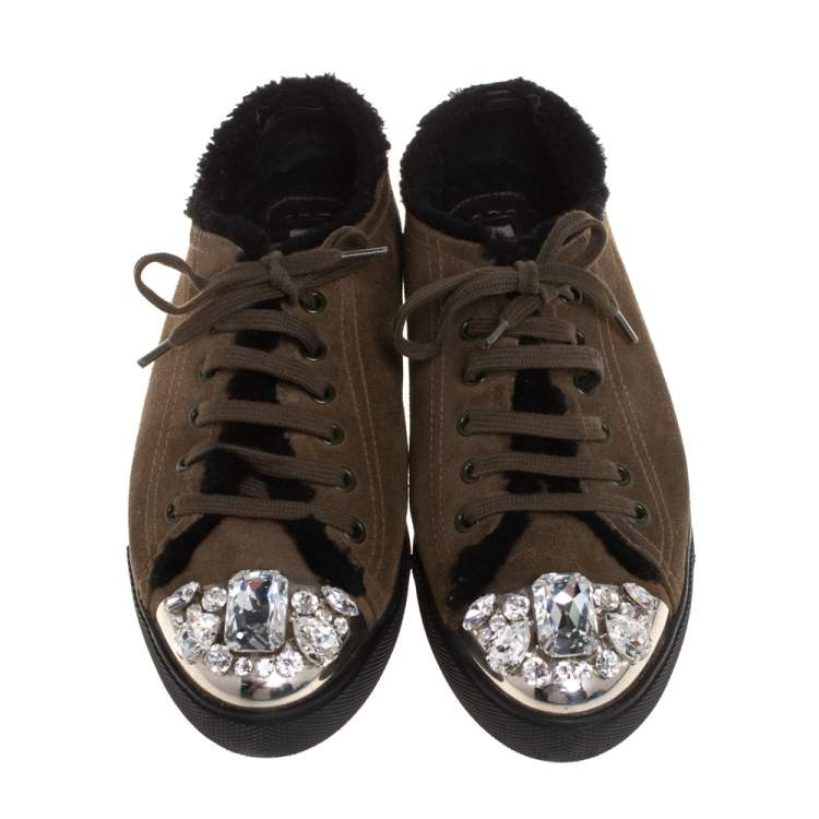 Pre Owned Miu Miu Olive Green Suede And Shearling Studded Cap Toe Sneakers Size 38