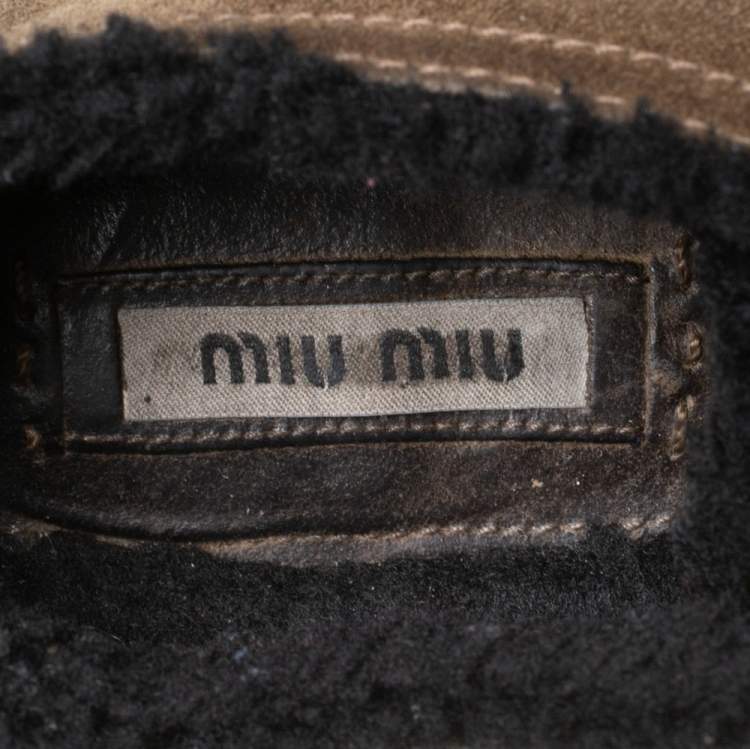 Pre Owned Miu Miu Olive Green Suede And Shearling Studded Cap Toe Sneakers Size 38