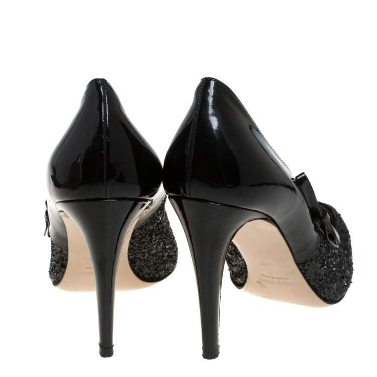 Pre Owned Miu Miu Black Glitter And Patent Leather Pointed Toe Pumps Size 40
