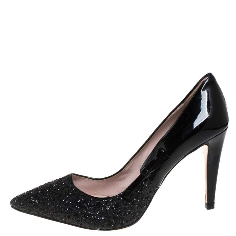 Pre Owned Miu Miu Black Glitter And Patent Leather Pointed Toe Pumps Size 40