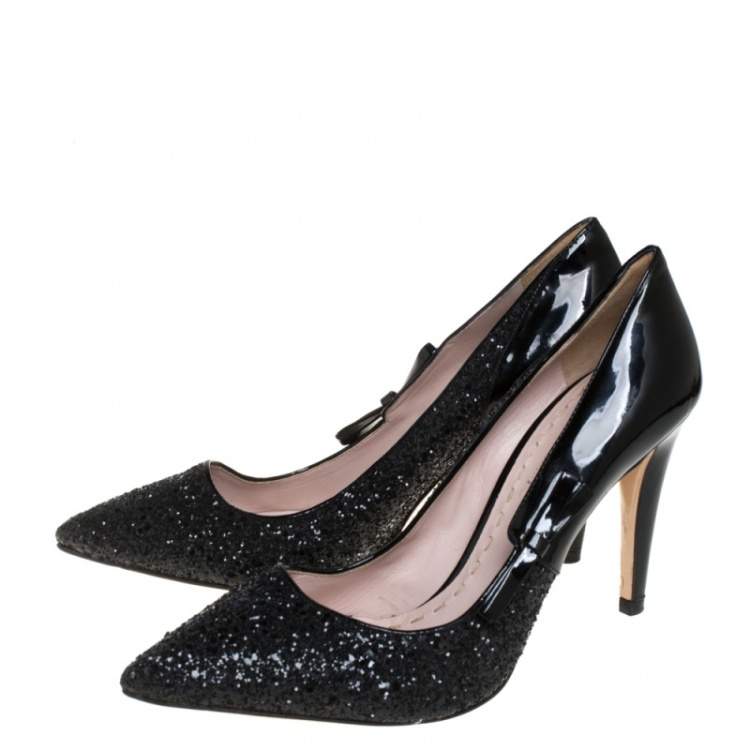 Pre Owned Miu Miu Black Glitter And Patent Leather Pointed Toe Pumps Size 40