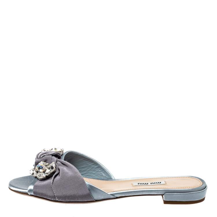 Pre Owned Miu Miu Light Blue Satin And Canvas Knot Crystal Embellished Slide Sandals Size 38
