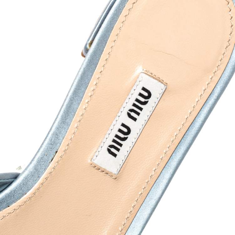 Pre Owned Miu Miu Light Blue Satin And Canvas Knot Crystal Embellished Slide Sandals Size 38