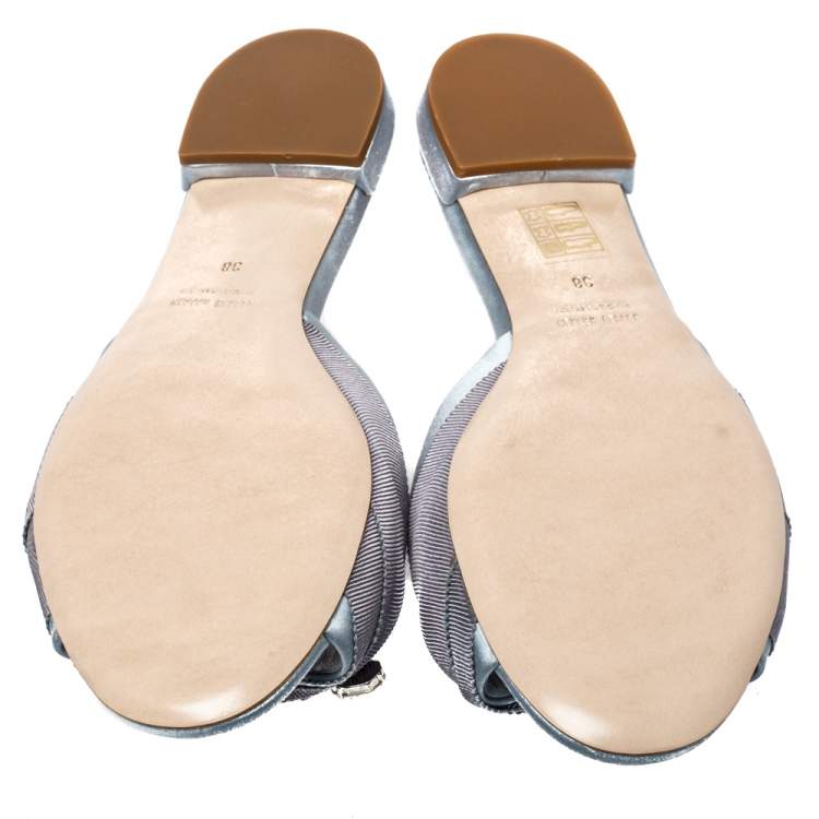 Pre Owned Miu Miu Light Blue Satin And Canvas Knot Crystal Embellished Slide Sandals Size 38