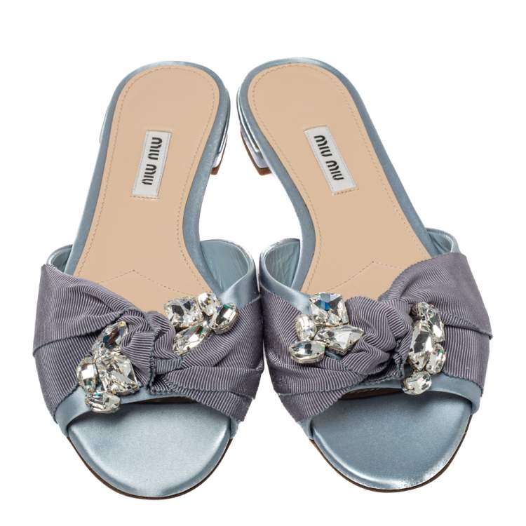 Pre Owned Miu Miu Light Blue Satin And Canvas Knot Crystal Embellished Slide Sandals Size 38